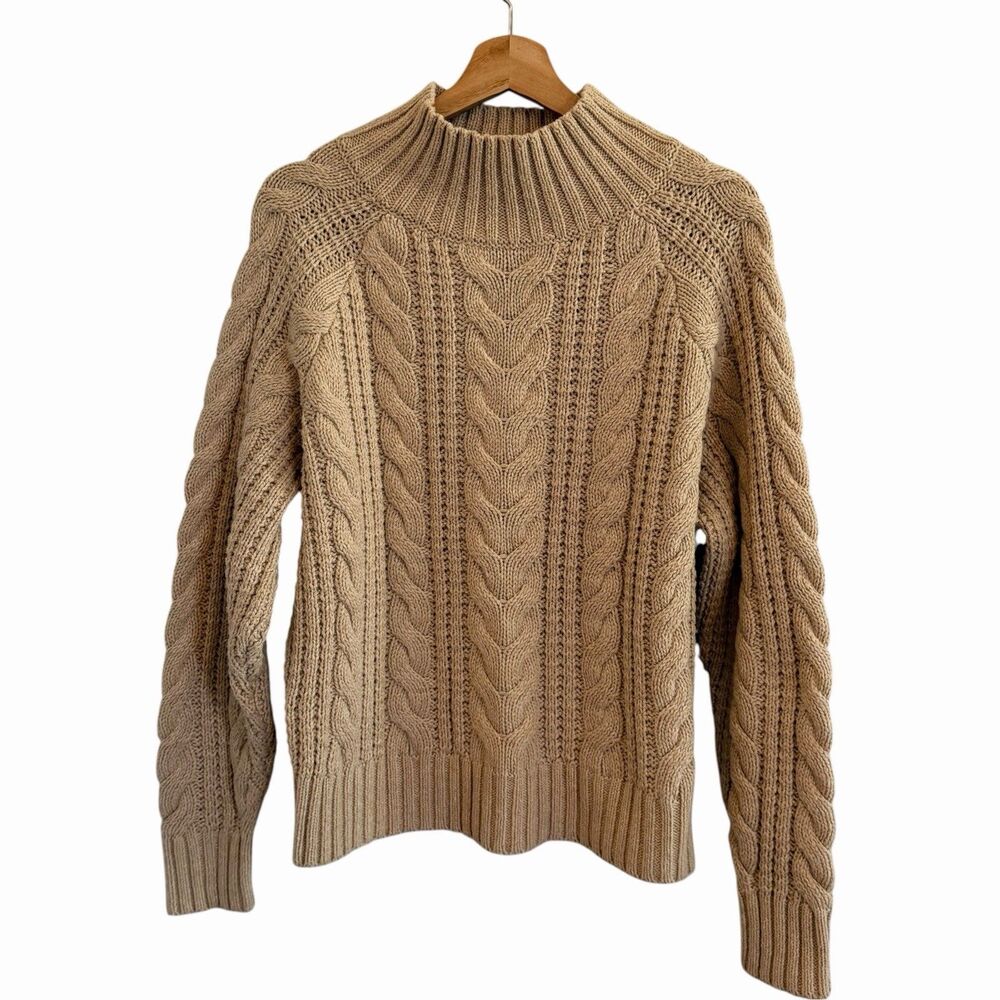 Womens Cable Knit Fisherman Mock Neck Sweater Size L Quiet Luxury Old Money